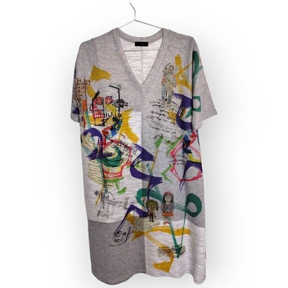 Inoah Womens Tee Dress Sz Large Grey VNeck T-shirt Artwork Painting Short Sleeve - Picture 1 of 13
